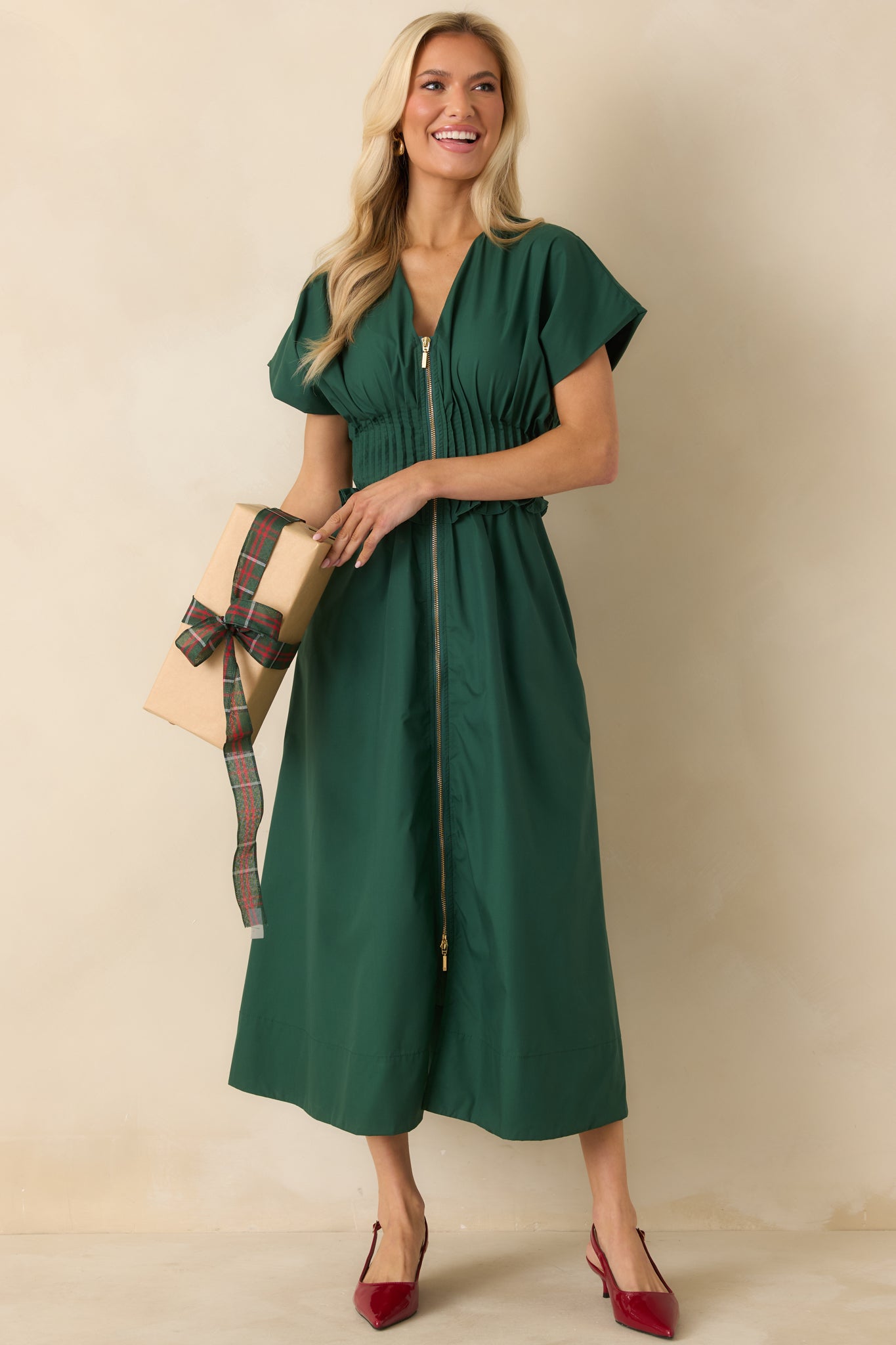 Let It Be Easy Green Smocked Waist Zip Maxi Dress