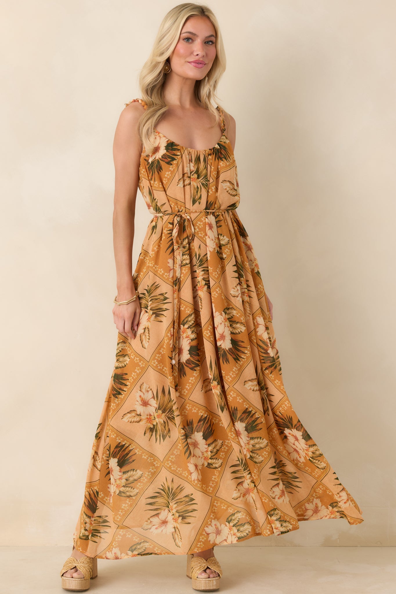 Paradise Calling Peach Multi Tropical Print Beaded Strap Maxi Dress