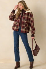 Cabin Check Cranberry Red Plaid Knit Collared Jacket