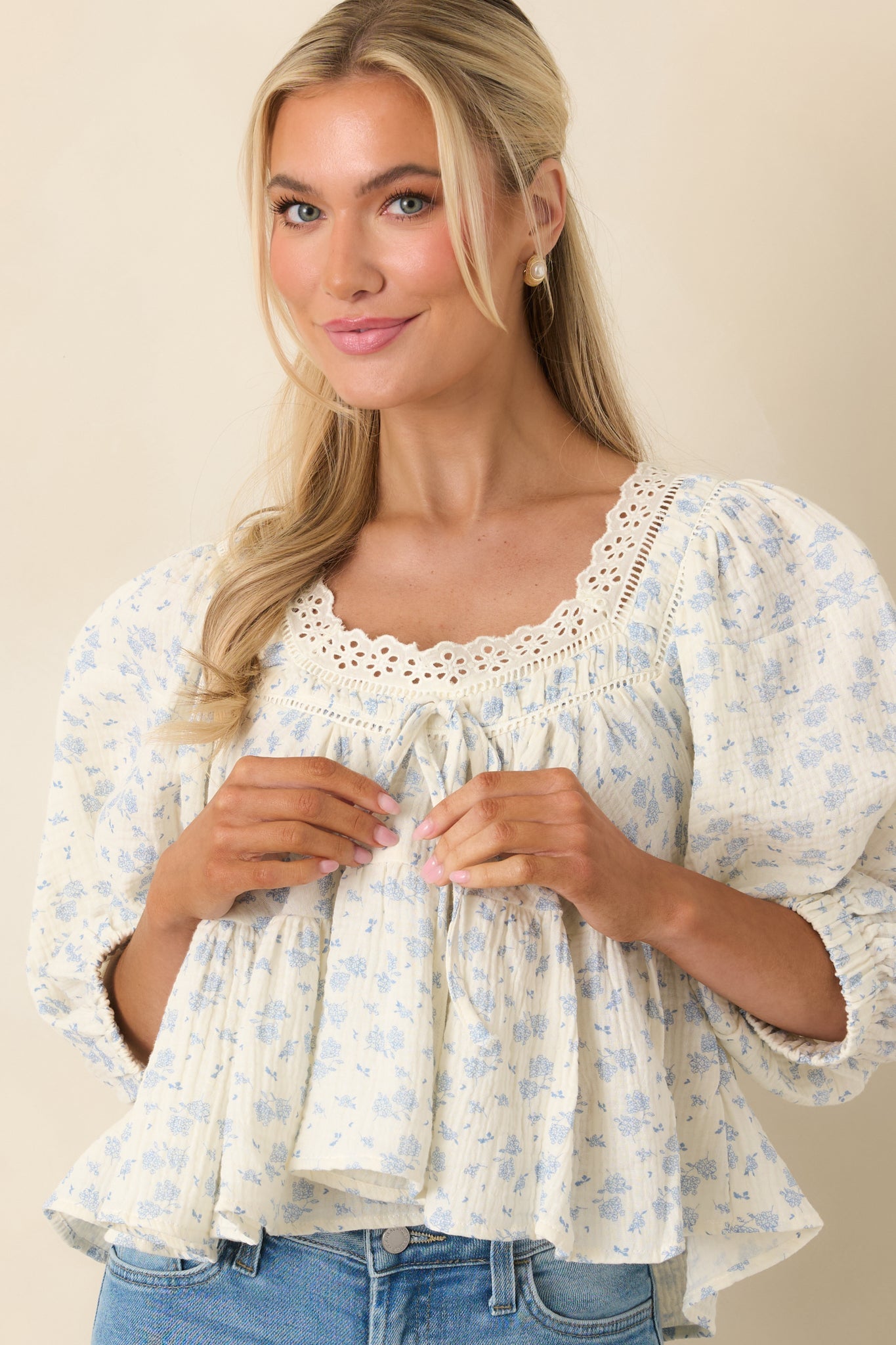 Sweetest Story Ivory & Blue Floral Cotton Blouse