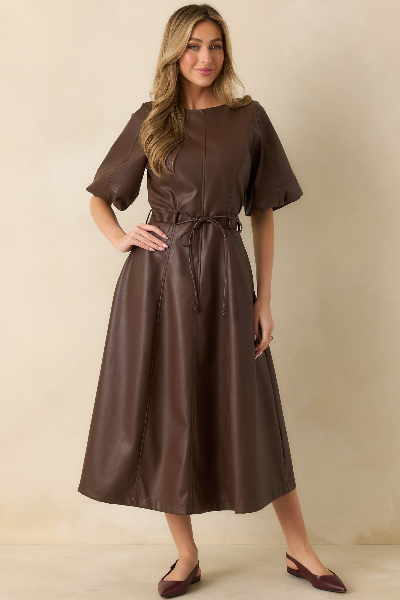 Something to Behold Brown Faux Leather Short Sleeve Belted Midi Dress