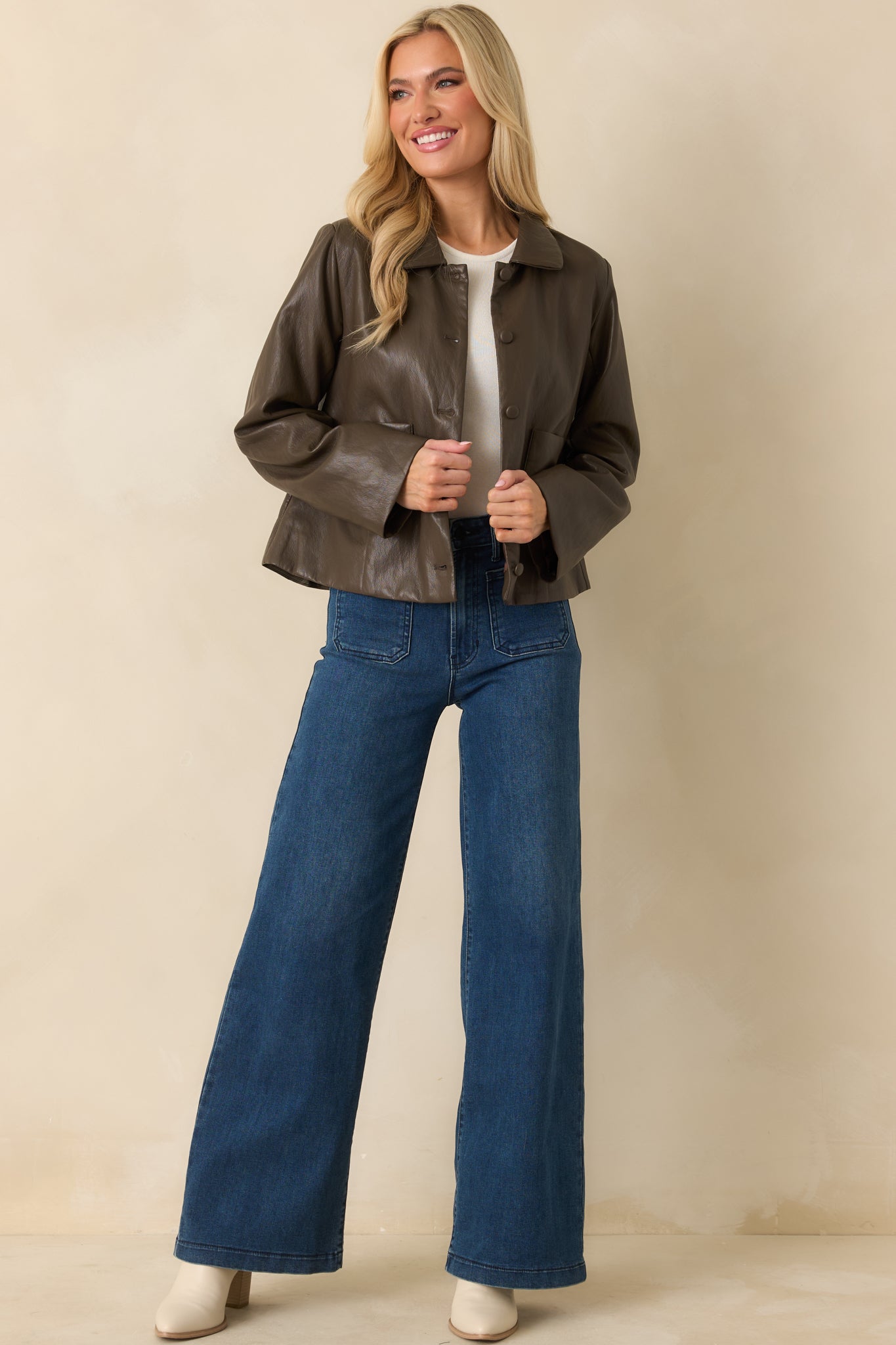City Limits Chocolate Brown Faux Leather Button Up Jacket