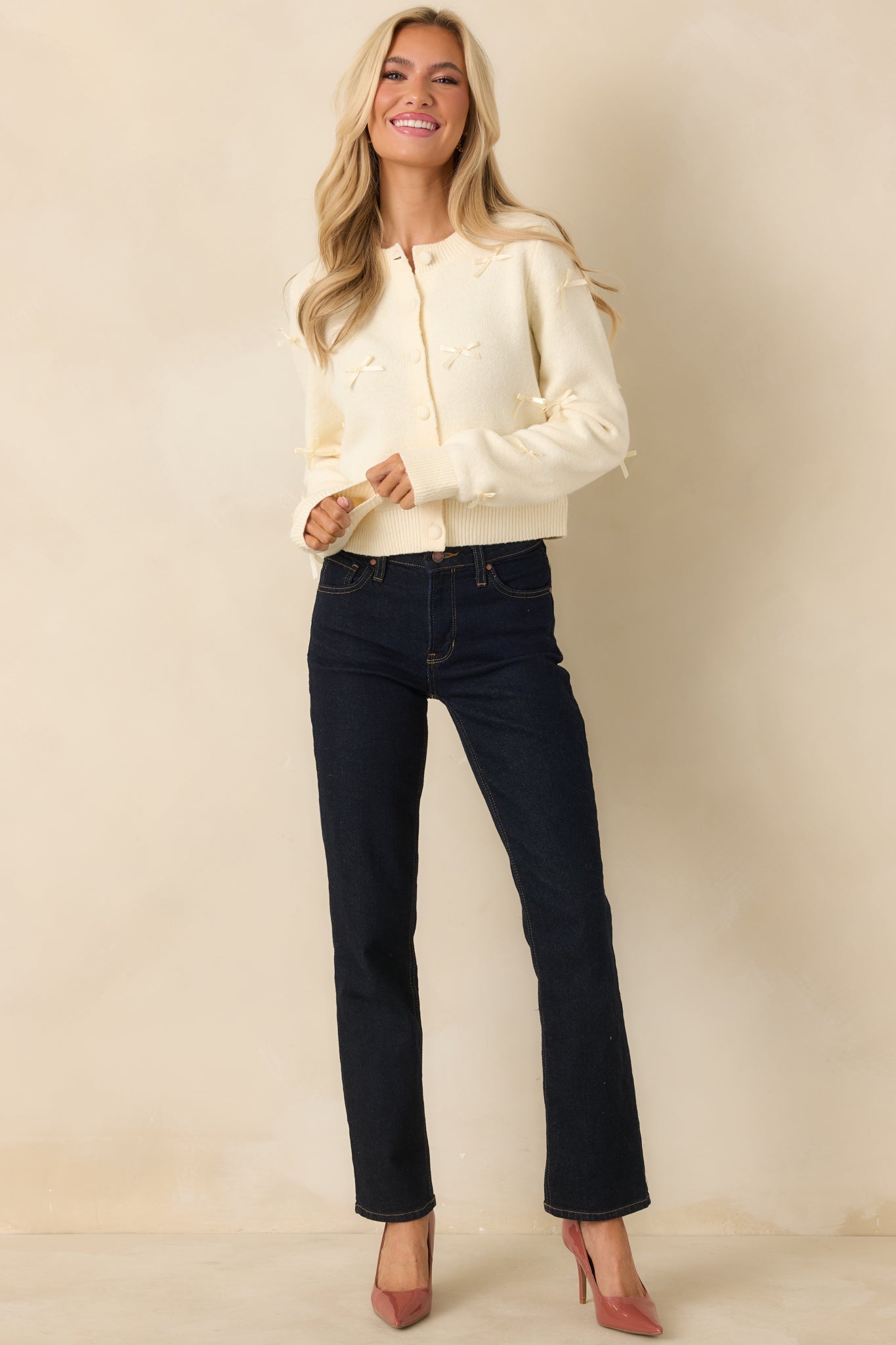 Little Love Notes Ivory Knit Bow Detail Button Front Cardigan Sweater