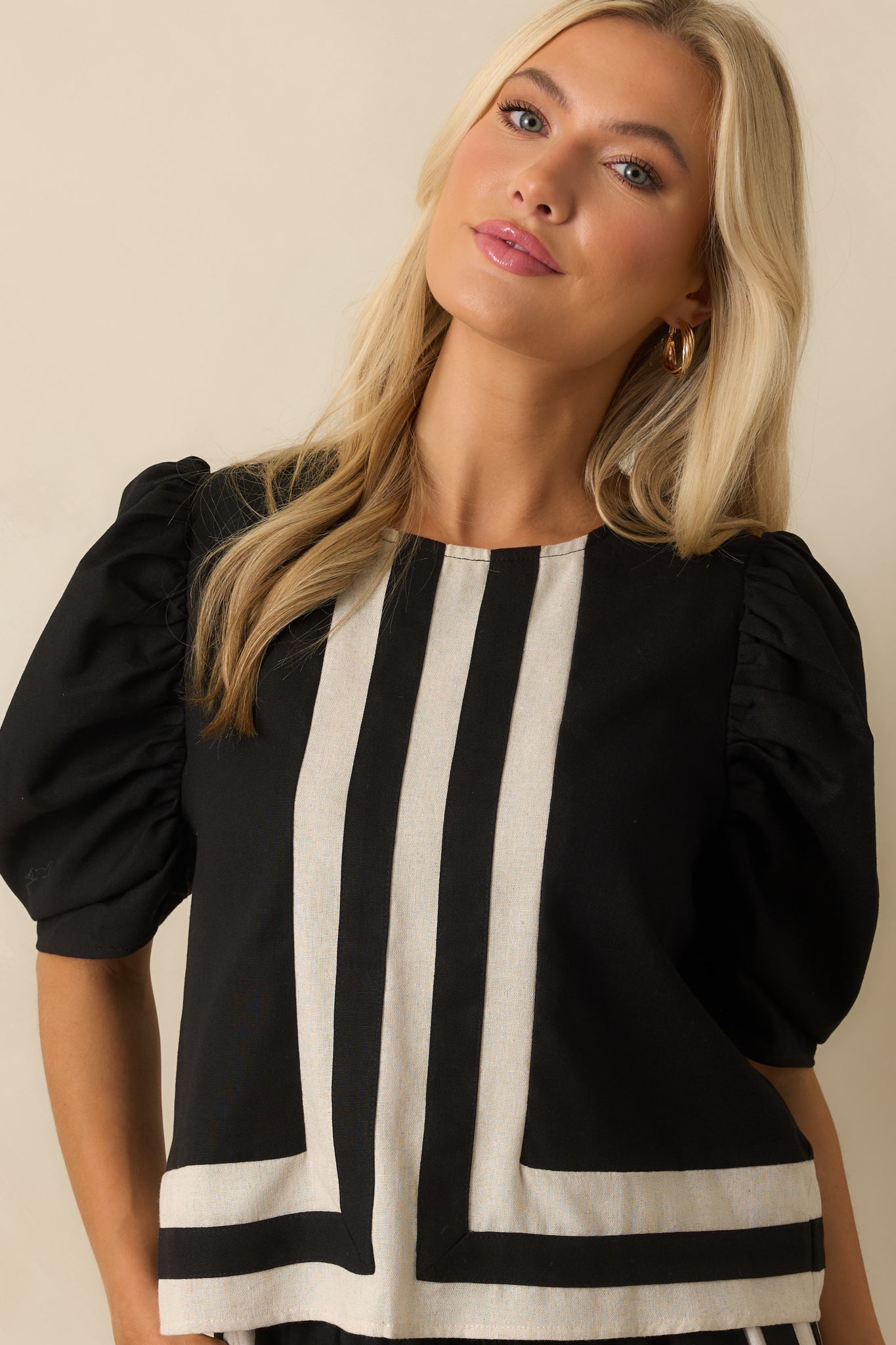 It Was What It Was Black Contrast Trim Puff Sleeve Top