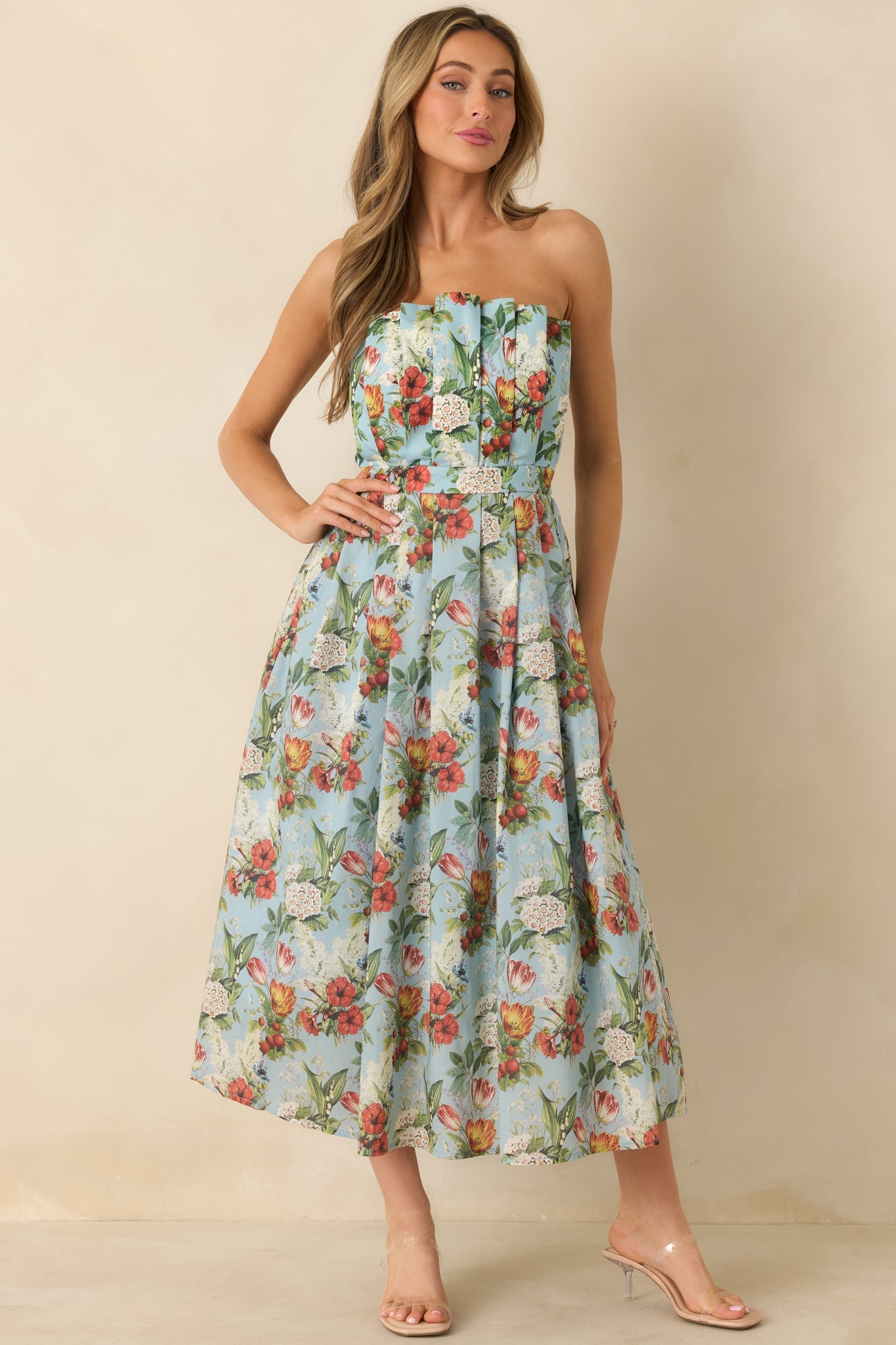 The Genevieve Sky Blue Multi Vintage Floral Print Cotton Strapless Maxi Dress