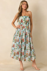 The Genevieve Sky Blue Multi Vintage Floral Print Cotton Strapless Maxi Dress