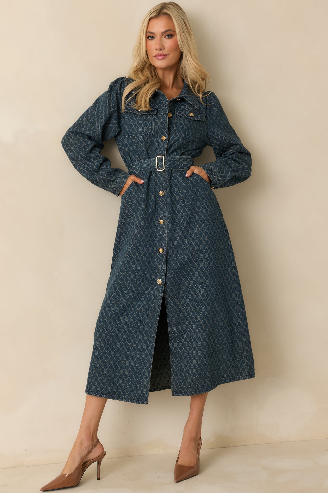 Just As I Said Blue Cotton Patterned Denim Belted Midi Dress