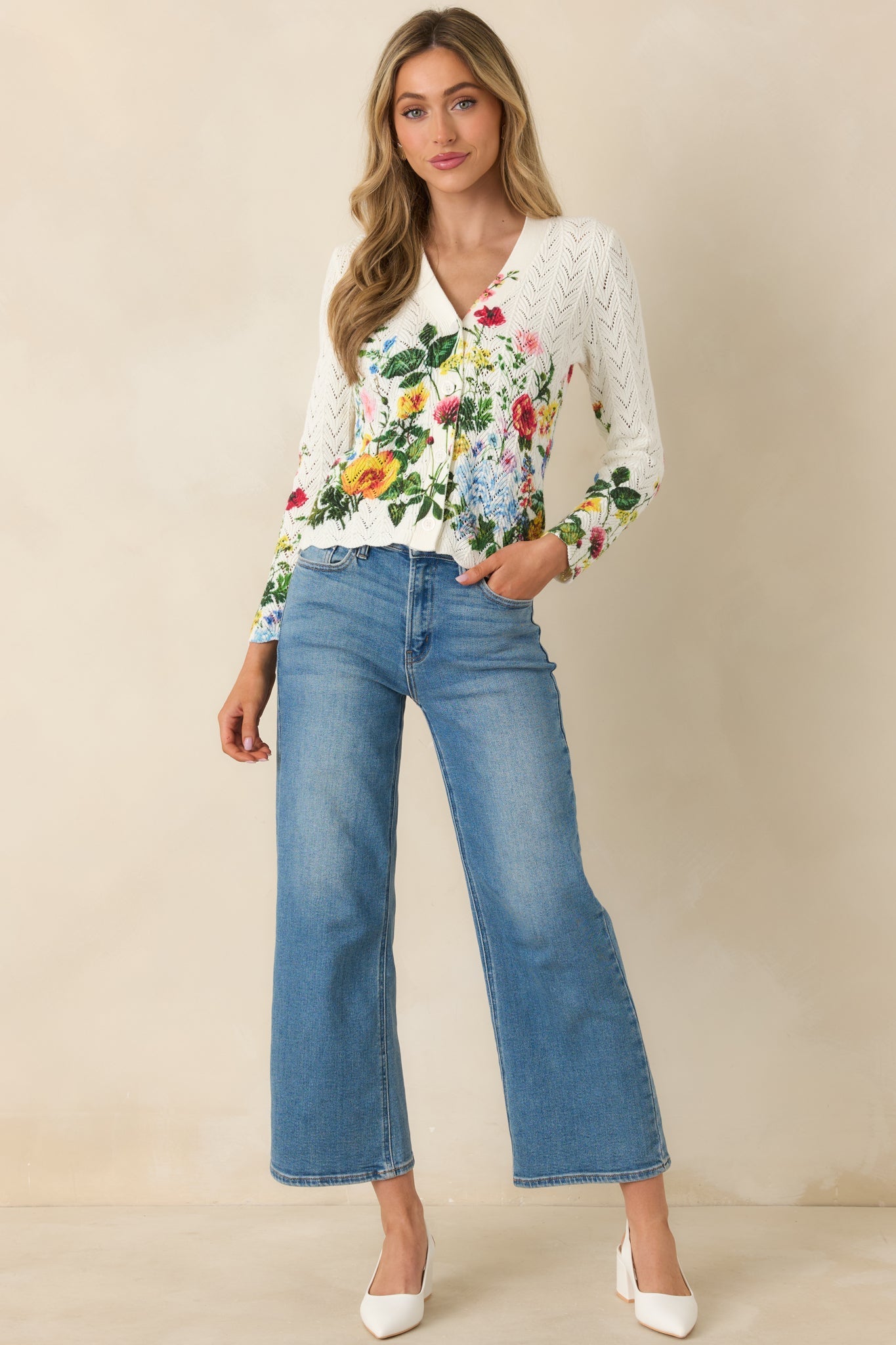 A Beautiful Arrangement Ivory Multi Floral Cotton Pointelle Cardigan