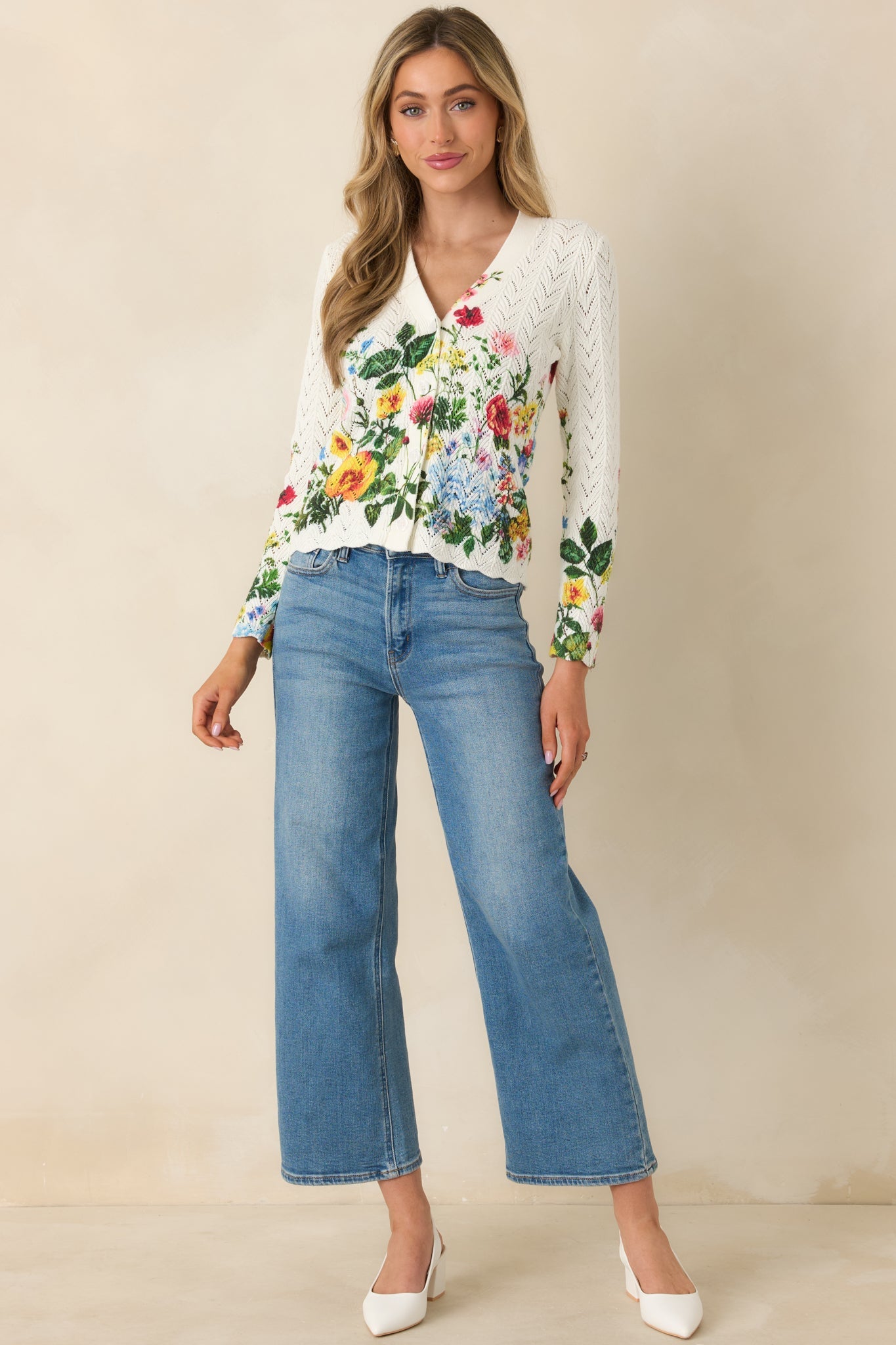 A Beautiful Arrangement Ivory Multi Floral Cotton Pointelle Cardigan