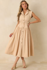 Just Right Moments Beige Sleeveless Belted Maxi Shirt Dress