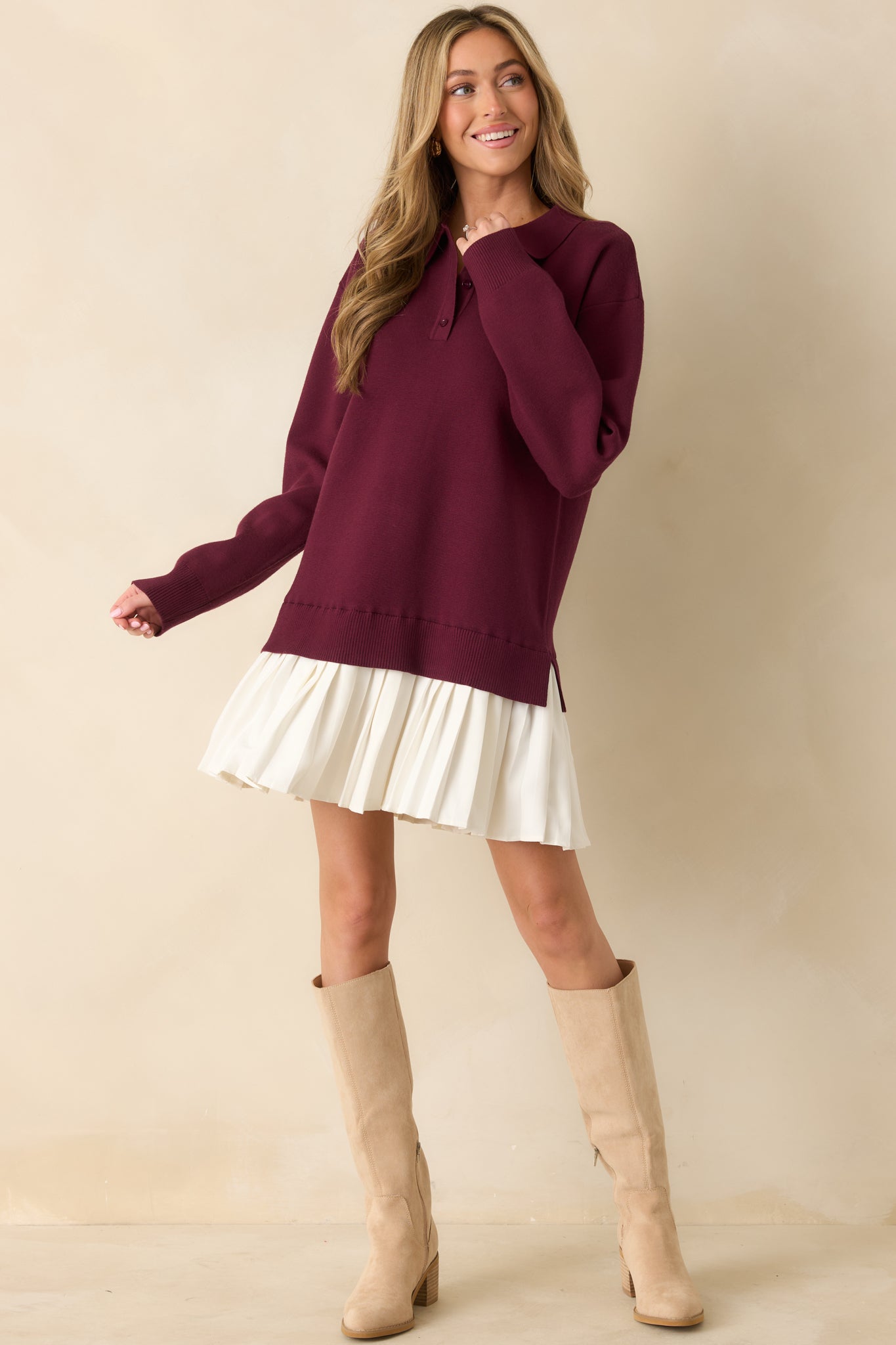 Close To Heart Burgundy Knit Collared Sweater Mini Dress