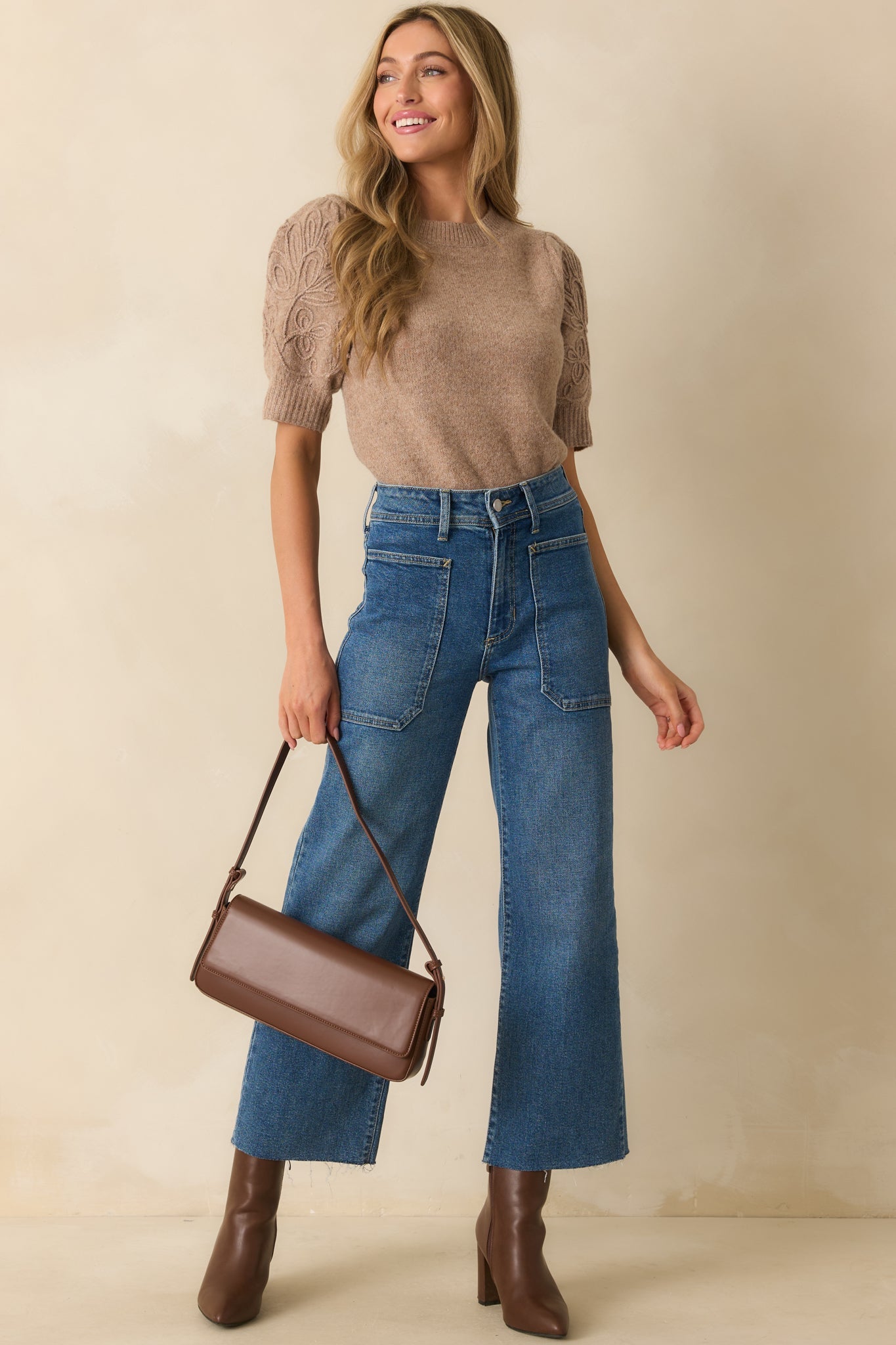 Warm Intuition Mocha Knit Embroidered Puff Sleeve Sweater