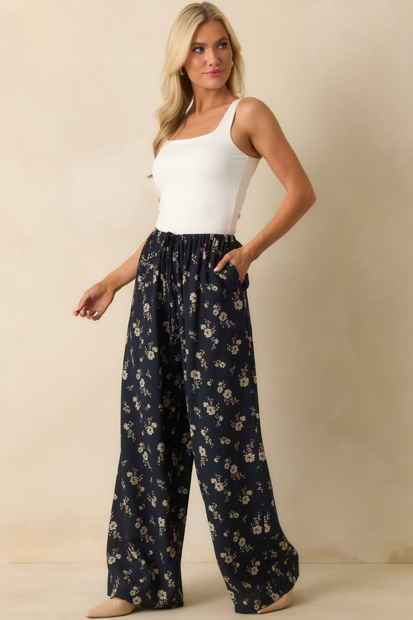 Calming Energy Navy Floral Print Wide Leg Drawstring Pants