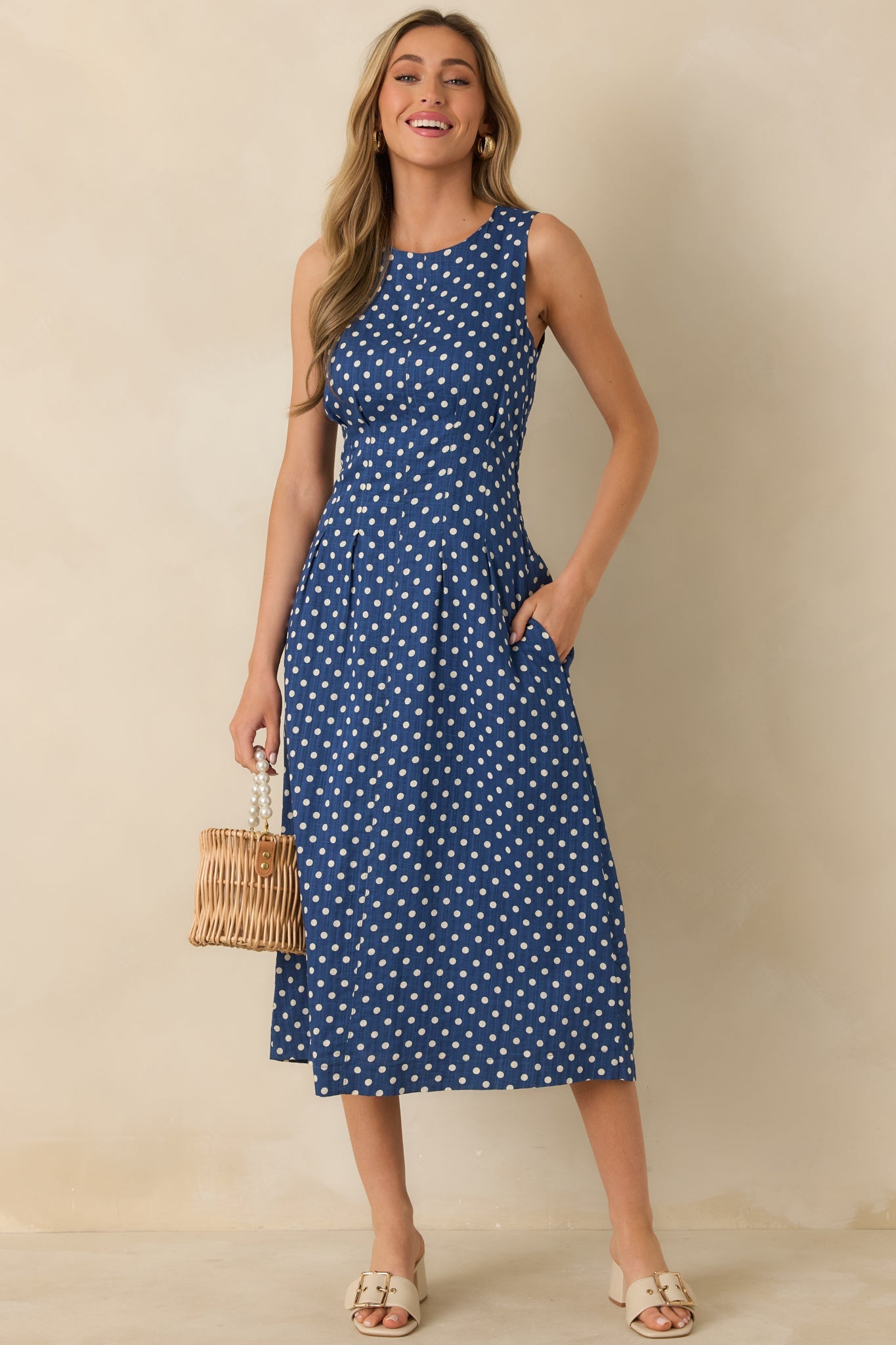 Nothing But Chic Blue Polka Dot Cotton Sleeveless Midi Dress