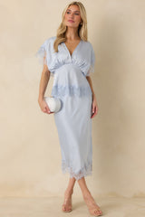 Just Call Me Later Powder Blue Satin Lace Trim Midi Skirt