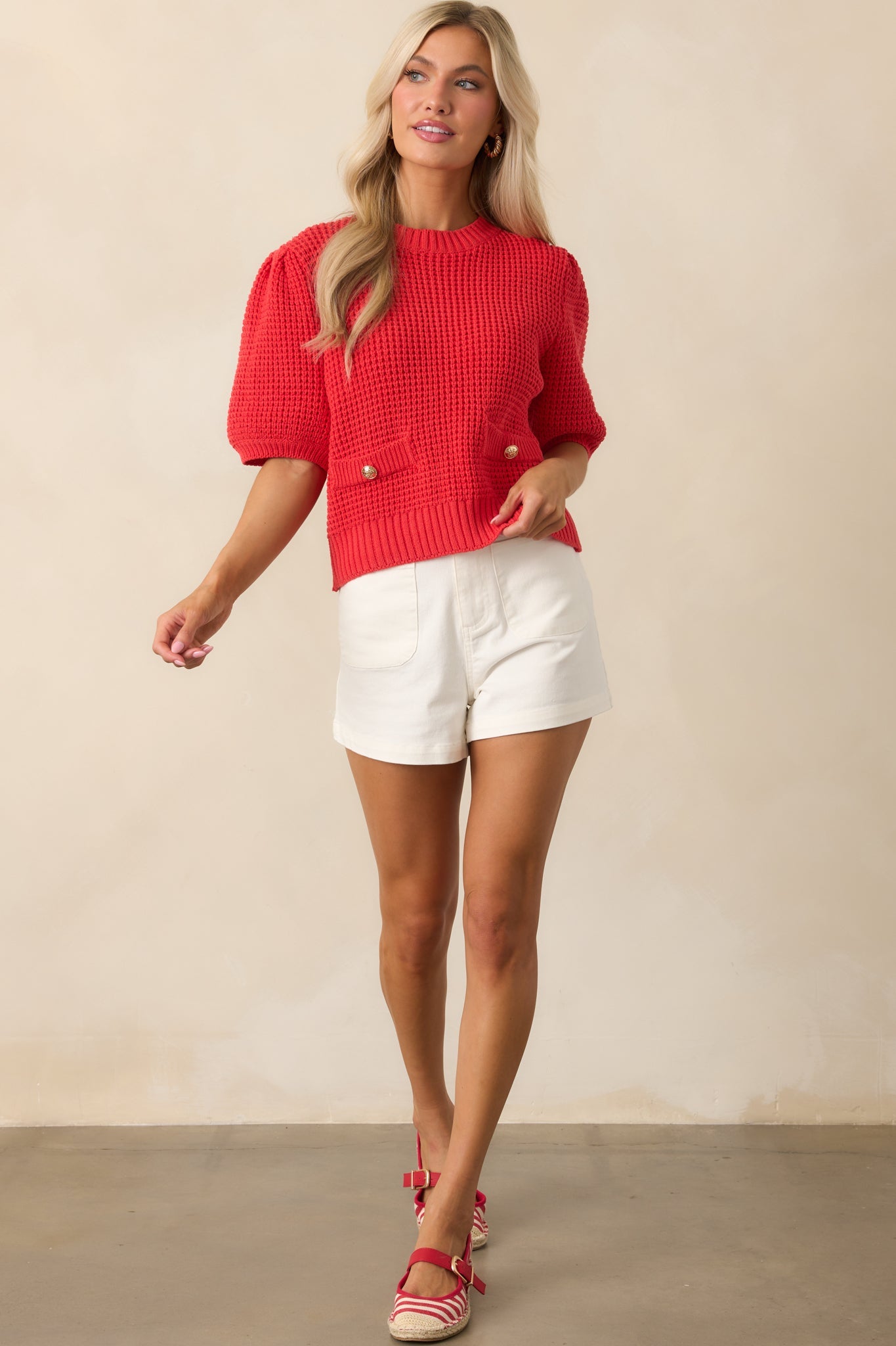 Nothing But Time Red Knit Cotton Short Sleeve Sweater