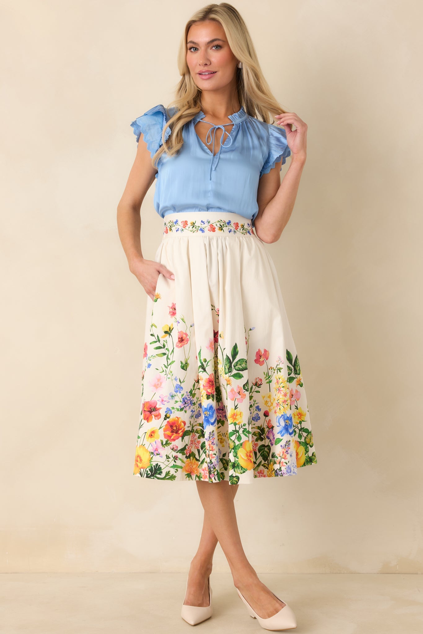 A Beautiful Arrangement Ivory Multi Floral Cotton Midi Skirt