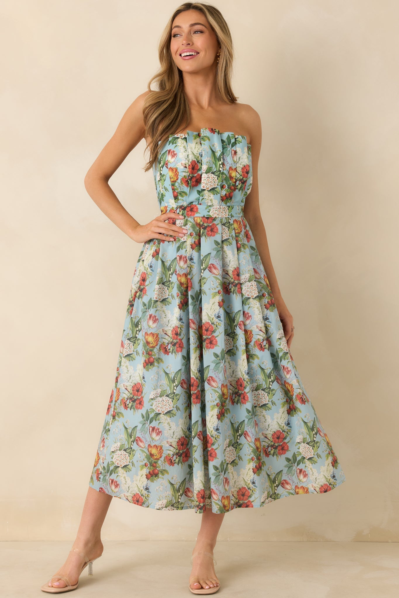 The Genevieve Sky Blue Multi Vintage Floral Print Cotton Strapless Maxi Dress