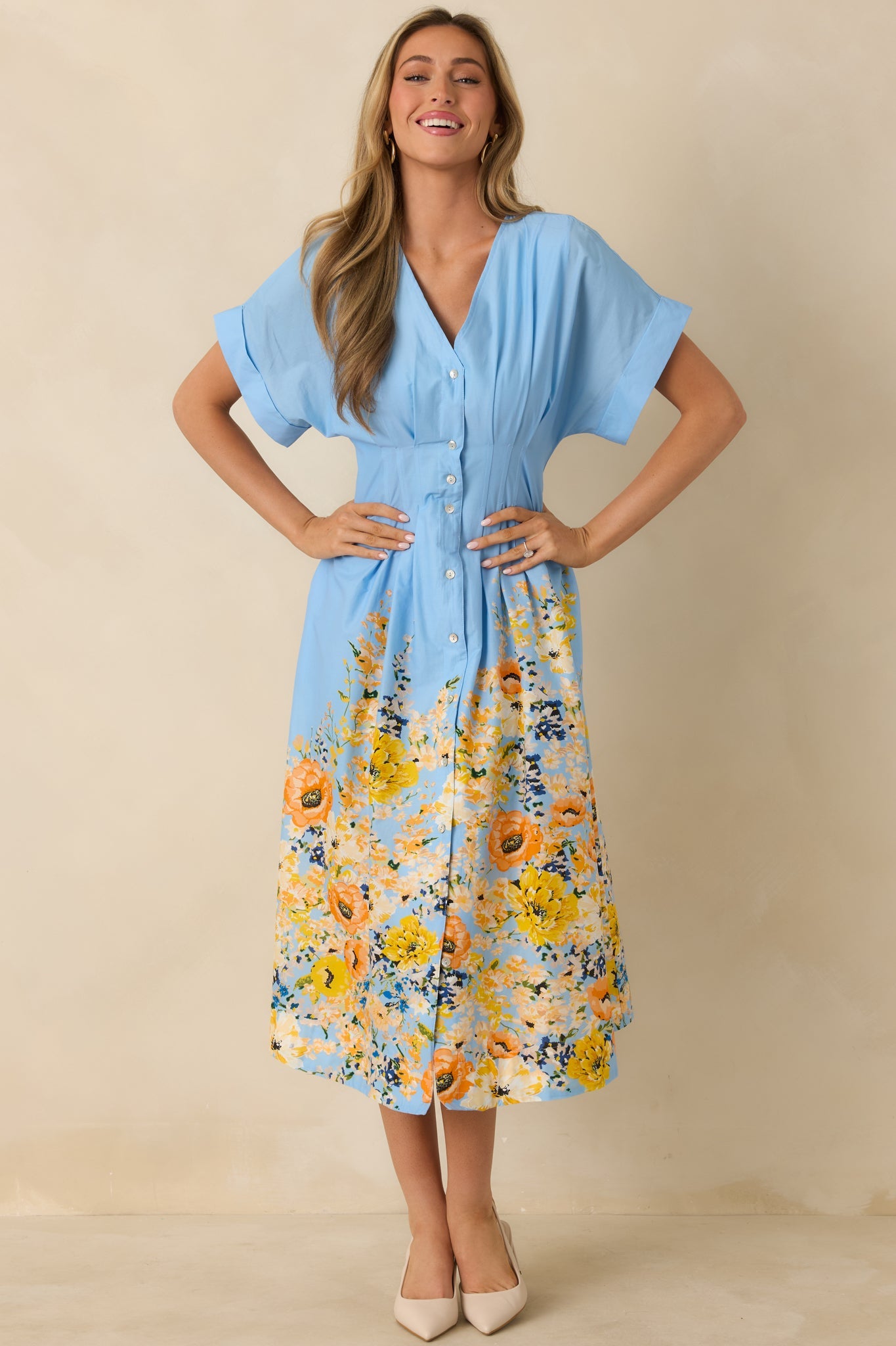 What Comes Next Blue Multi Cotton Floral Midi Dress