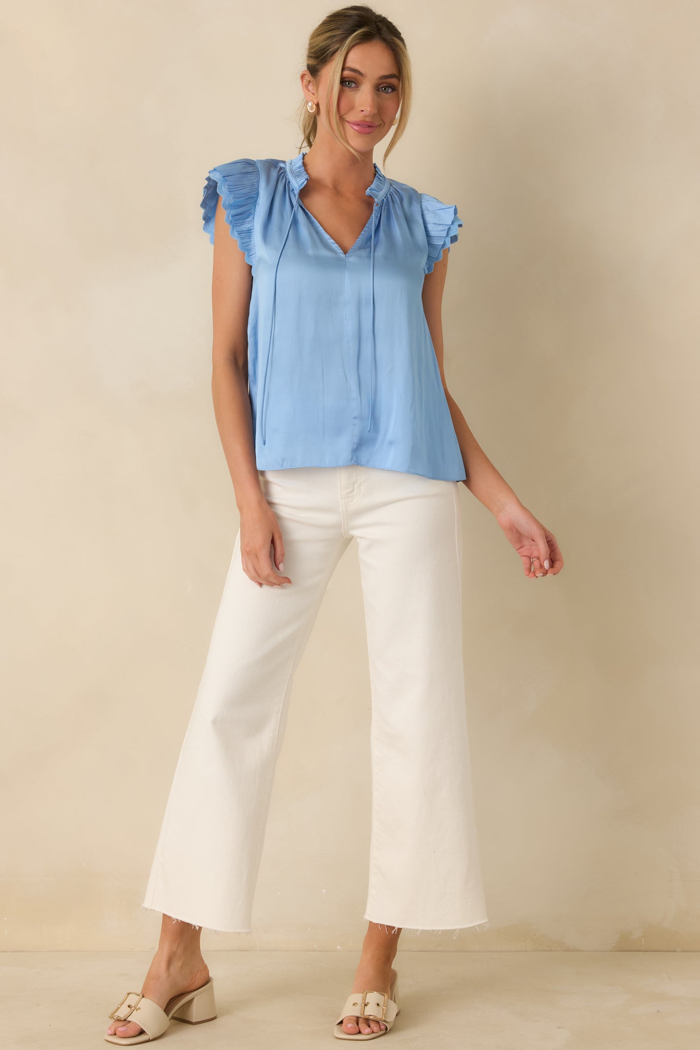 The Way It Unfolded Blue Ruffle & Lace Trim V-Neck Blouse
