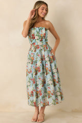 The Genevieve Sky Blue Multi Vintage Floral Print Cotton Strapless Maxi Dress