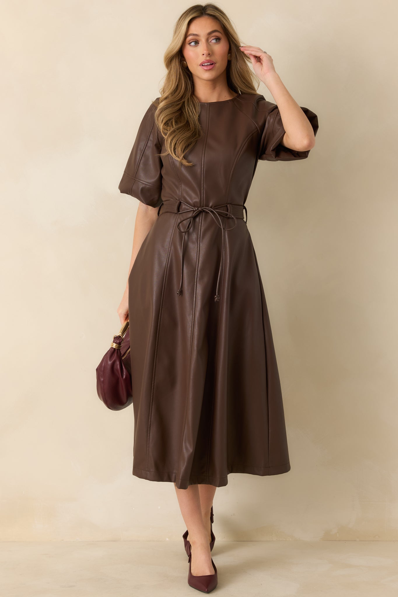 Something to Behold Brown Faux Leather Short Sleeve Belted Midi Dress