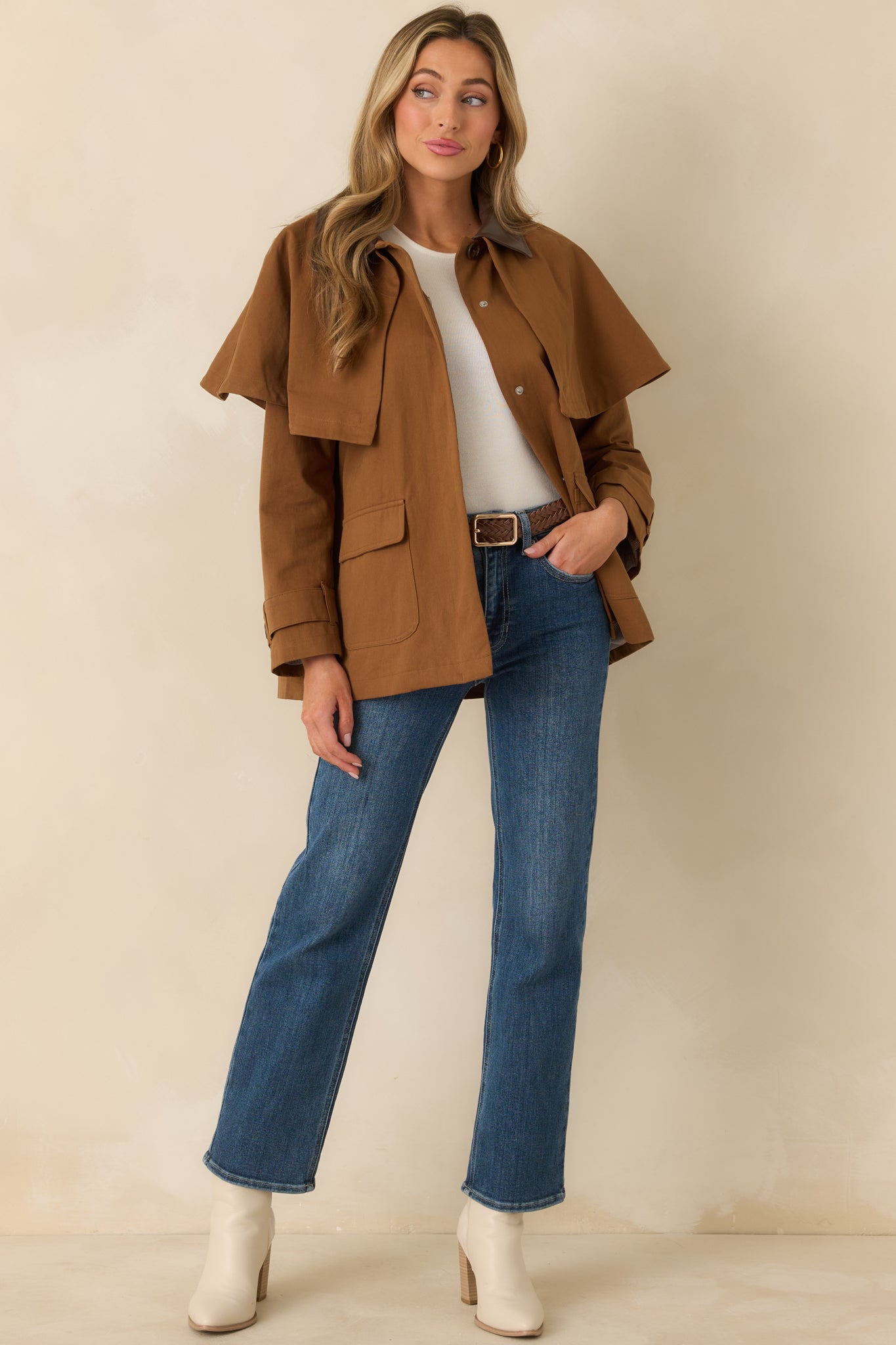 Well Traveled Ways Brown Cotton Cape Back Utility Jacket