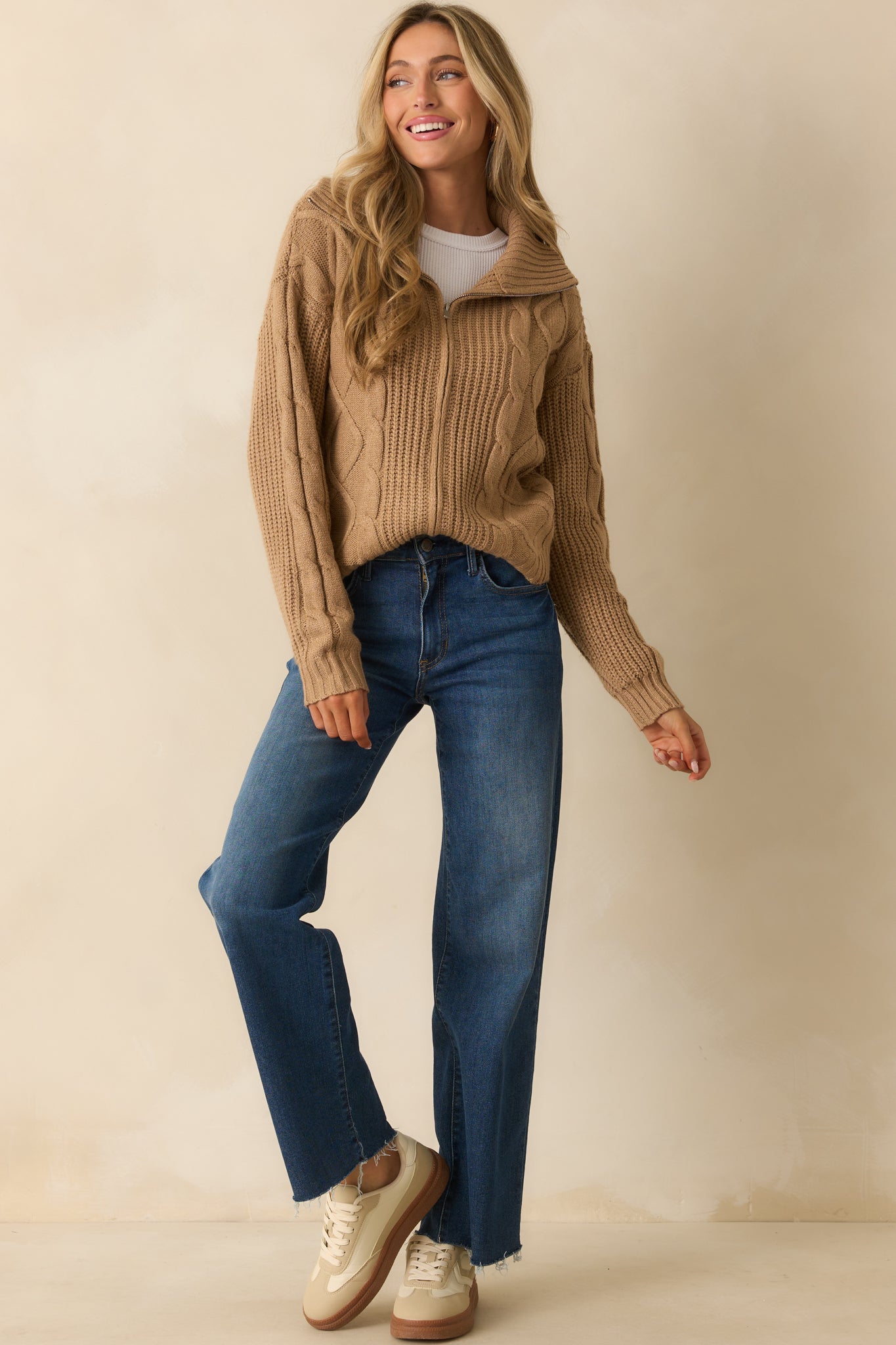 Better Believe It Camel Brown Cable Knit Zip Front Sweater Jacket