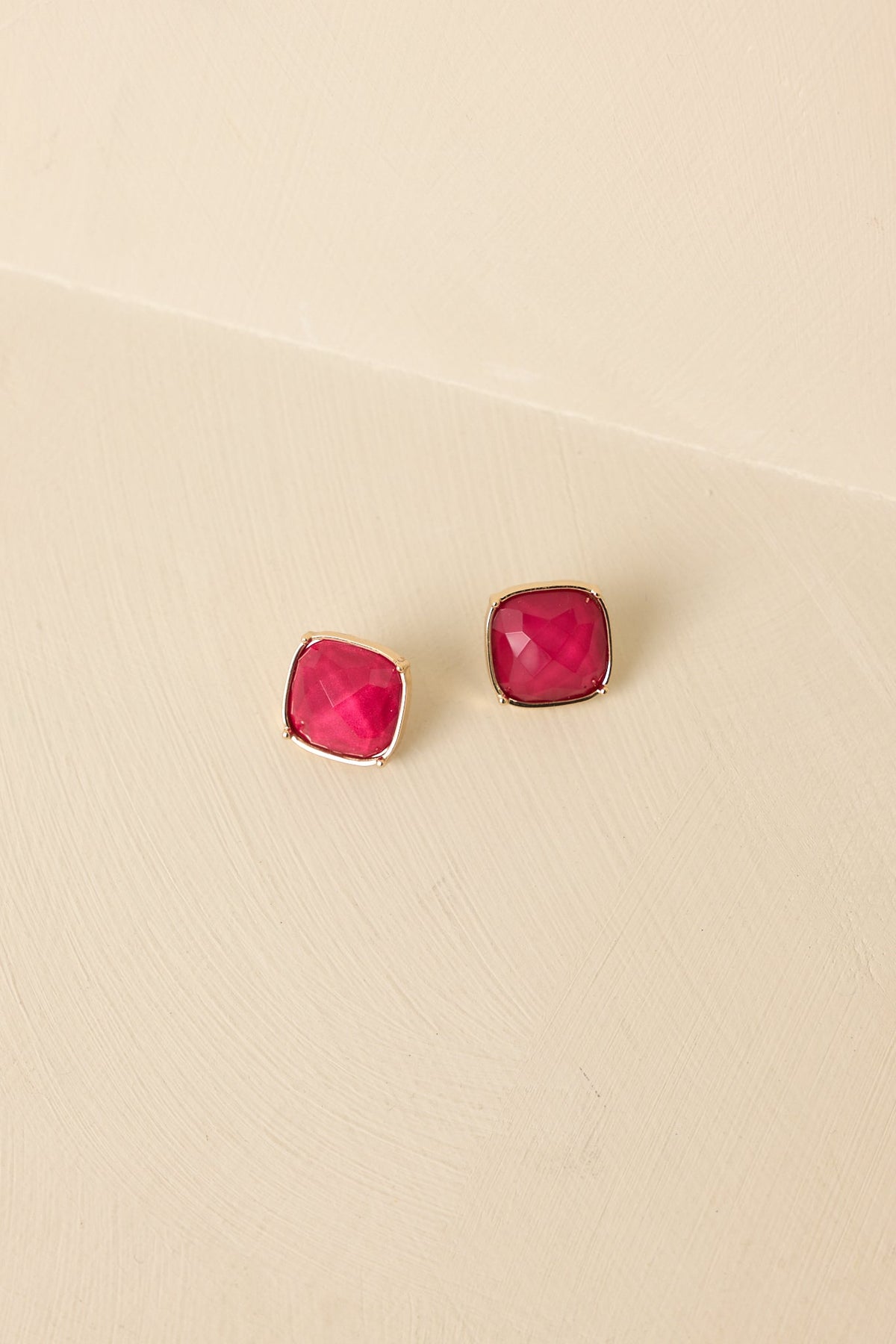Too Cute To Cancel Gold & Cranberry Red Square Stud Earrings