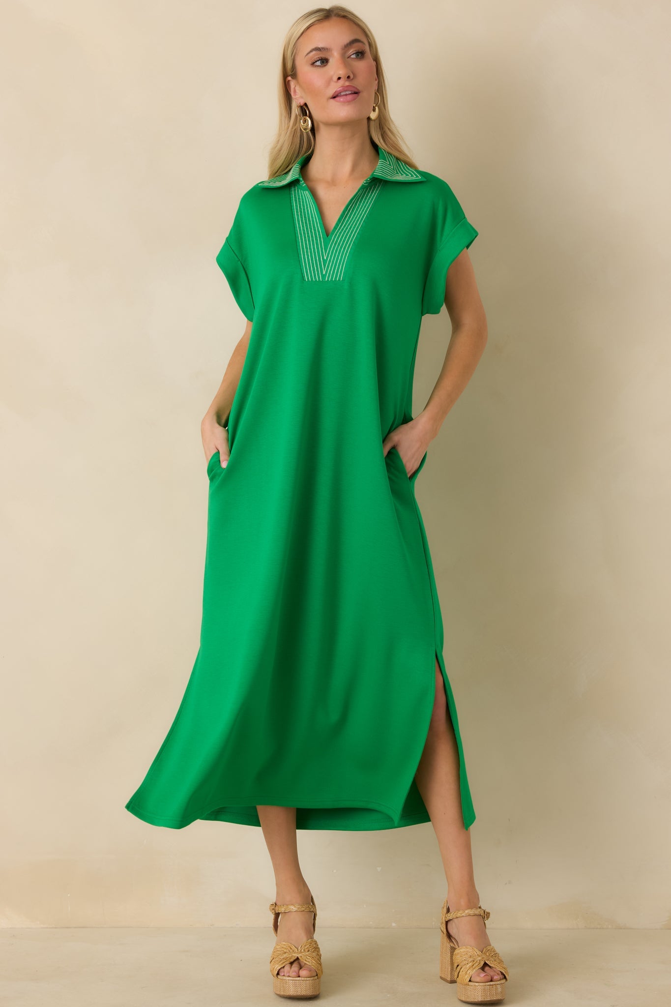 Let It Play Out Green Knit Contrast Detail V-Neck Short Sleeve Midi Dress