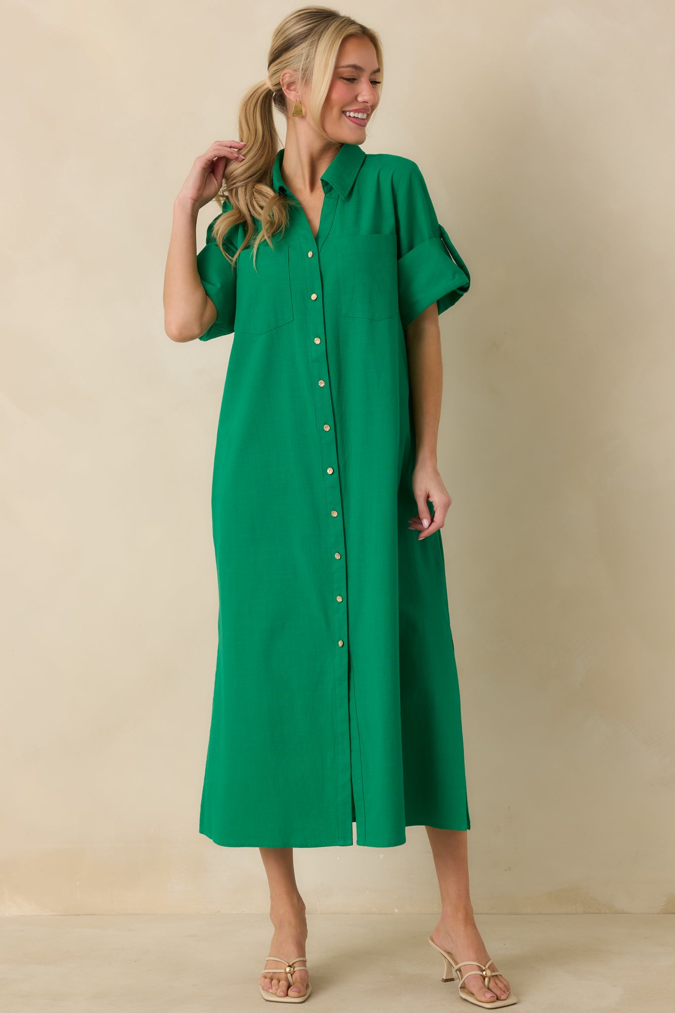 Show Me the Way Kelly Green Cotton Button Front Midi Shirt Dress