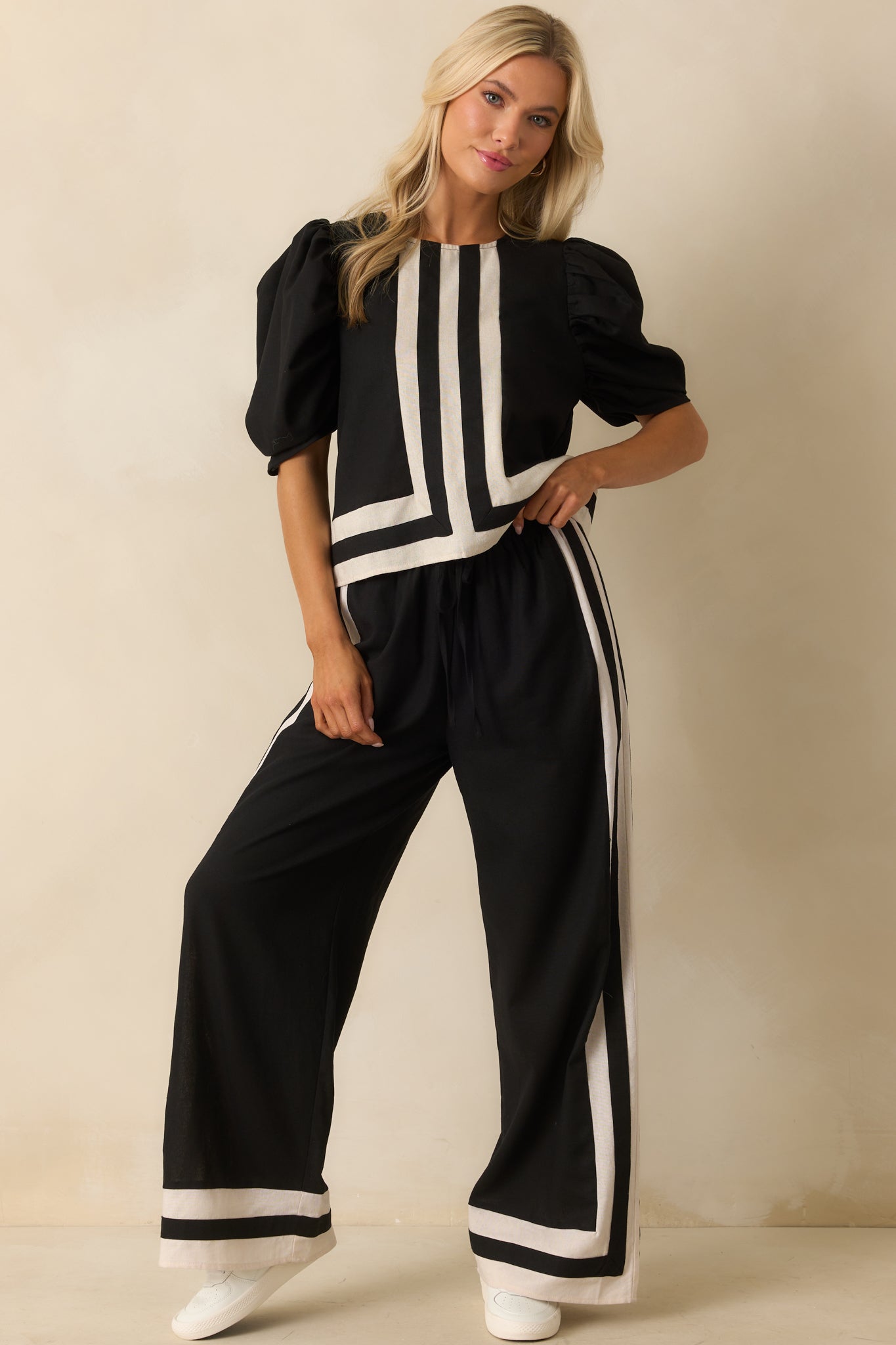 She Always Knows Black Contrast Trim Linen Blend Wide Leg Pants