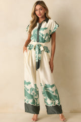 In So Many Words Green Multi Print Button Up Wide Leg Jumpsuit
