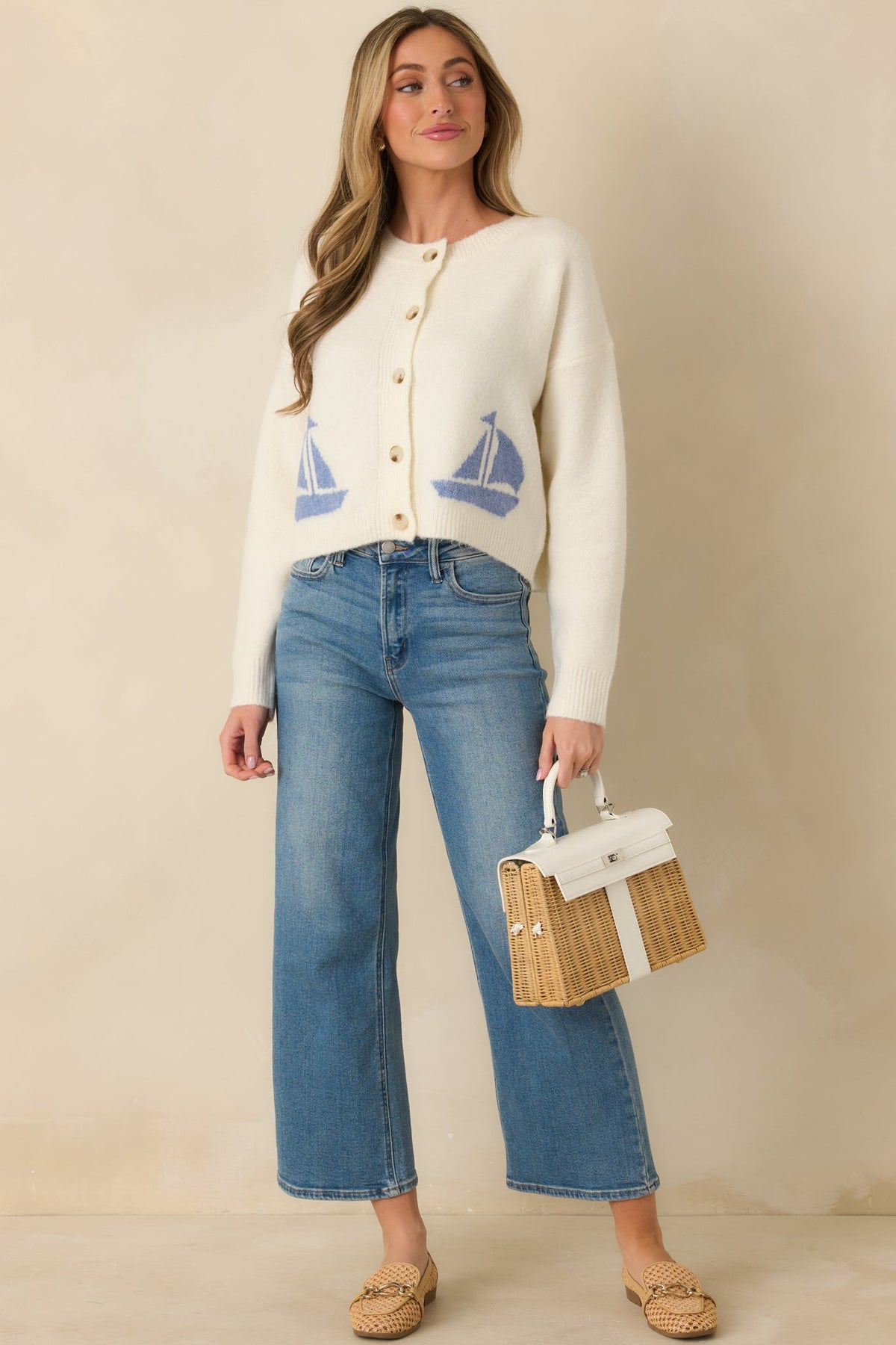 Catch the Breeze Ivory Sailboat Knit Button Front Cardigan Sweater