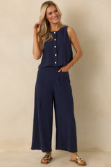 Met Your Match Navy Linen-Blend Wide Leg Pants