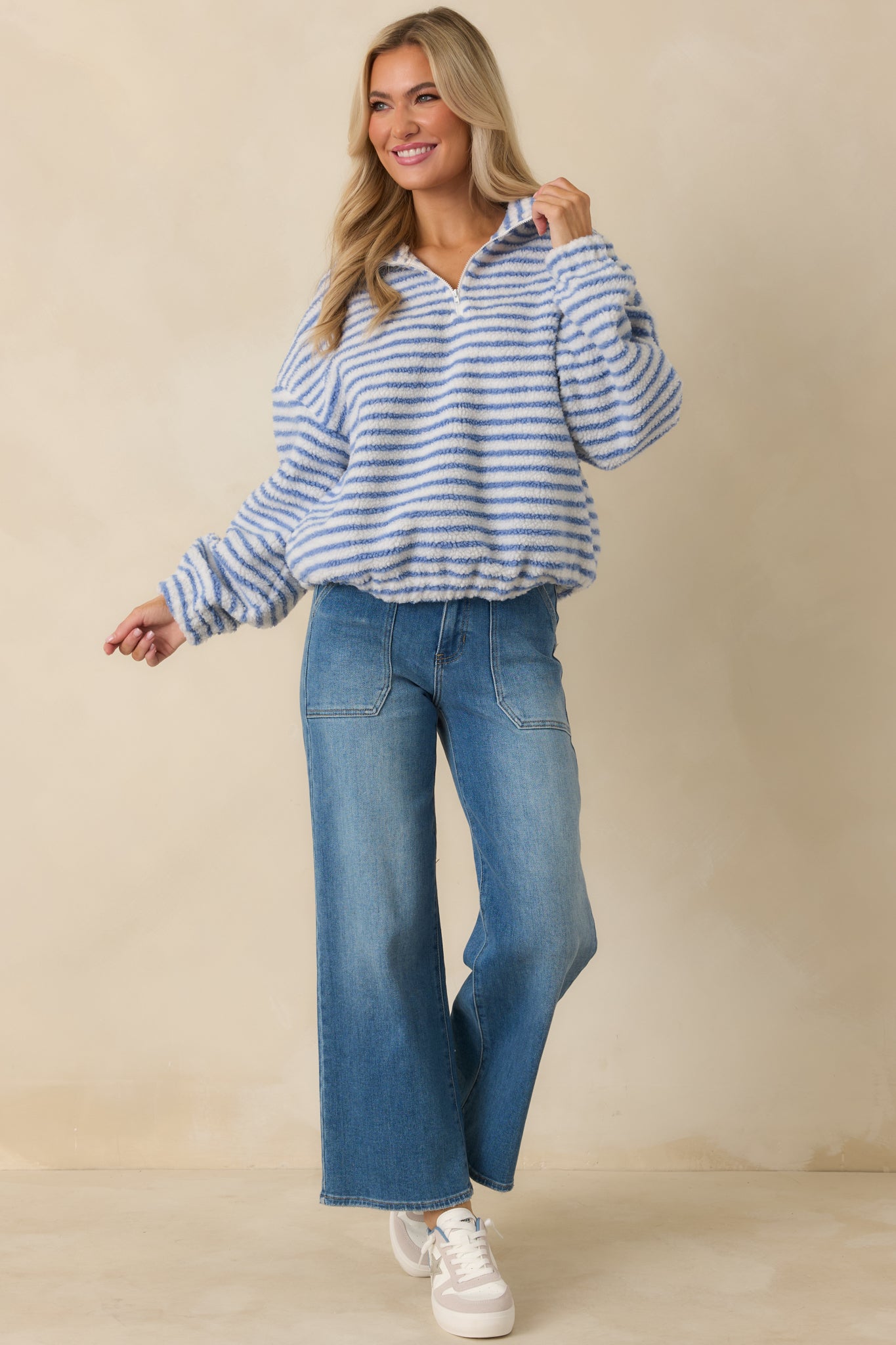 In the Clear Blue Stripe Bouclé Quarter-Zip Pullover