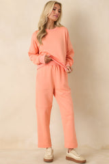 Hot Take Coral Orange Block-Stitched Long Sleeve Sweatshirt