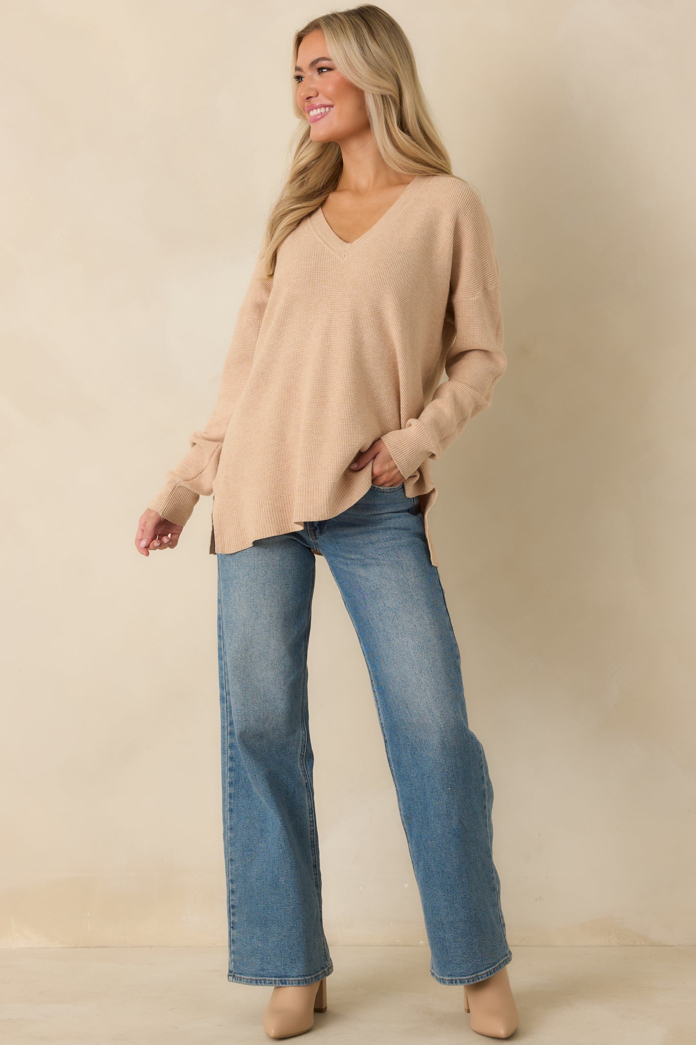 Cozy Afternoon Light Taupe V-Neck Sweater