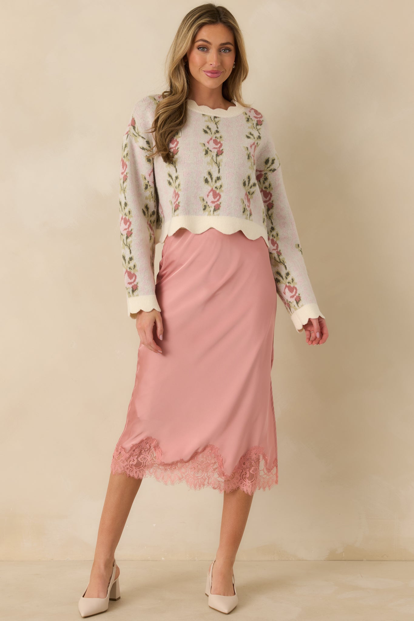 Just Call Me Later Blush Pink Satin Lace Trim Midi Skirt