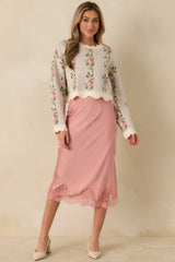 Just Call Me Later Blush Pink Satin Lace Trim Midi Skirt