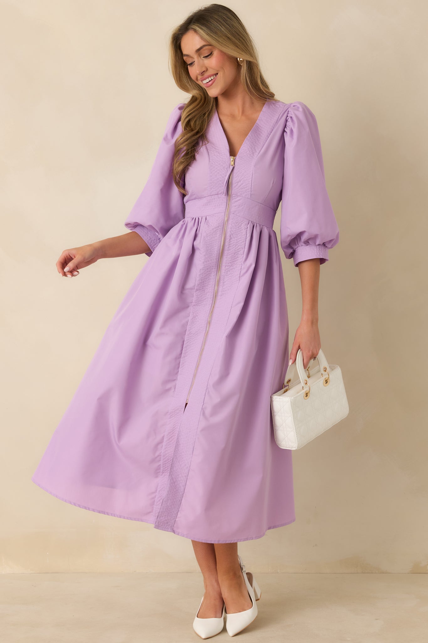To Be Fair Lavender Blouson Sleeve Zip Up Midi Dress