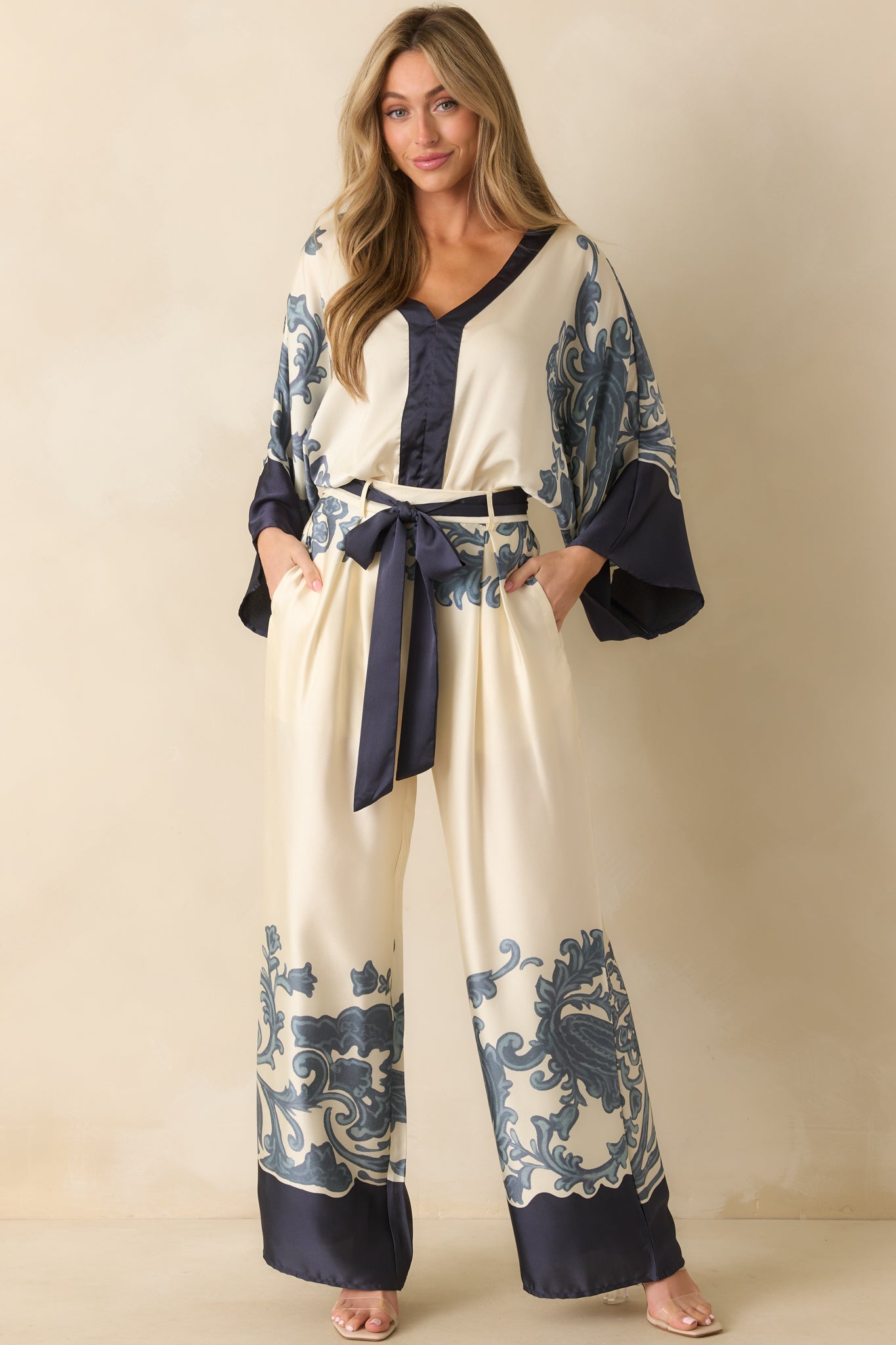 The Whole Picture Navy Multi Print Belted Wide Leg Pants