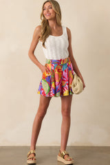Light On the Horizon Pink Tropical Print Belted Linen Shorts
