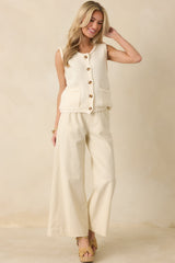 Refined Rhythm Beige Cotton Tie-Belt Wide Leg Pants