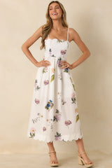 Promise in Bloom White Multi Floral Cotton Tie-Back Scalloped Midi Dress