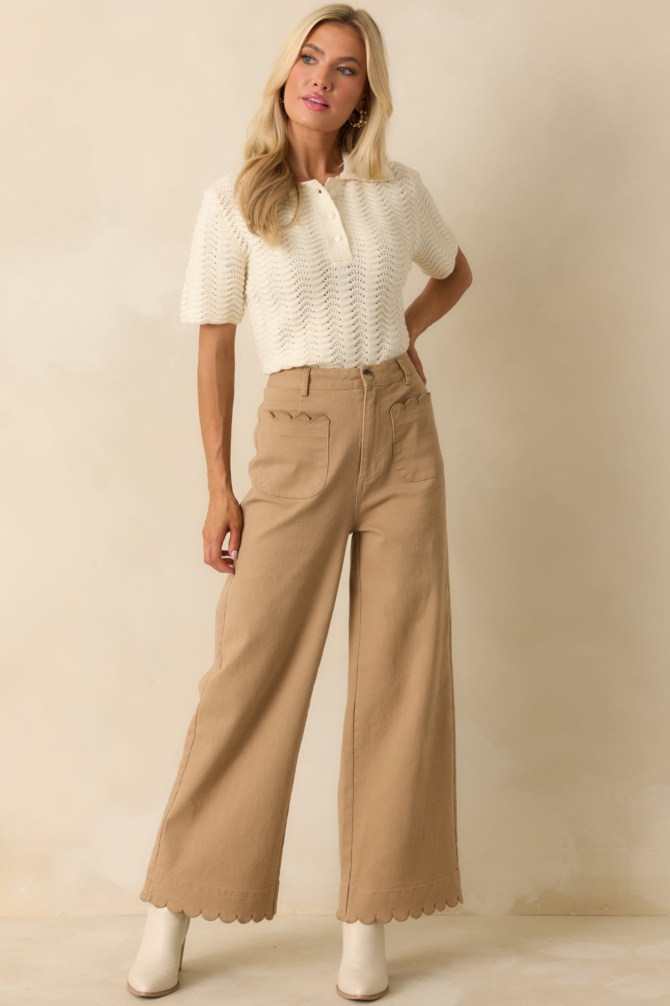 Set For The Day Camel Cotton Scalloped Wide Leg Pants