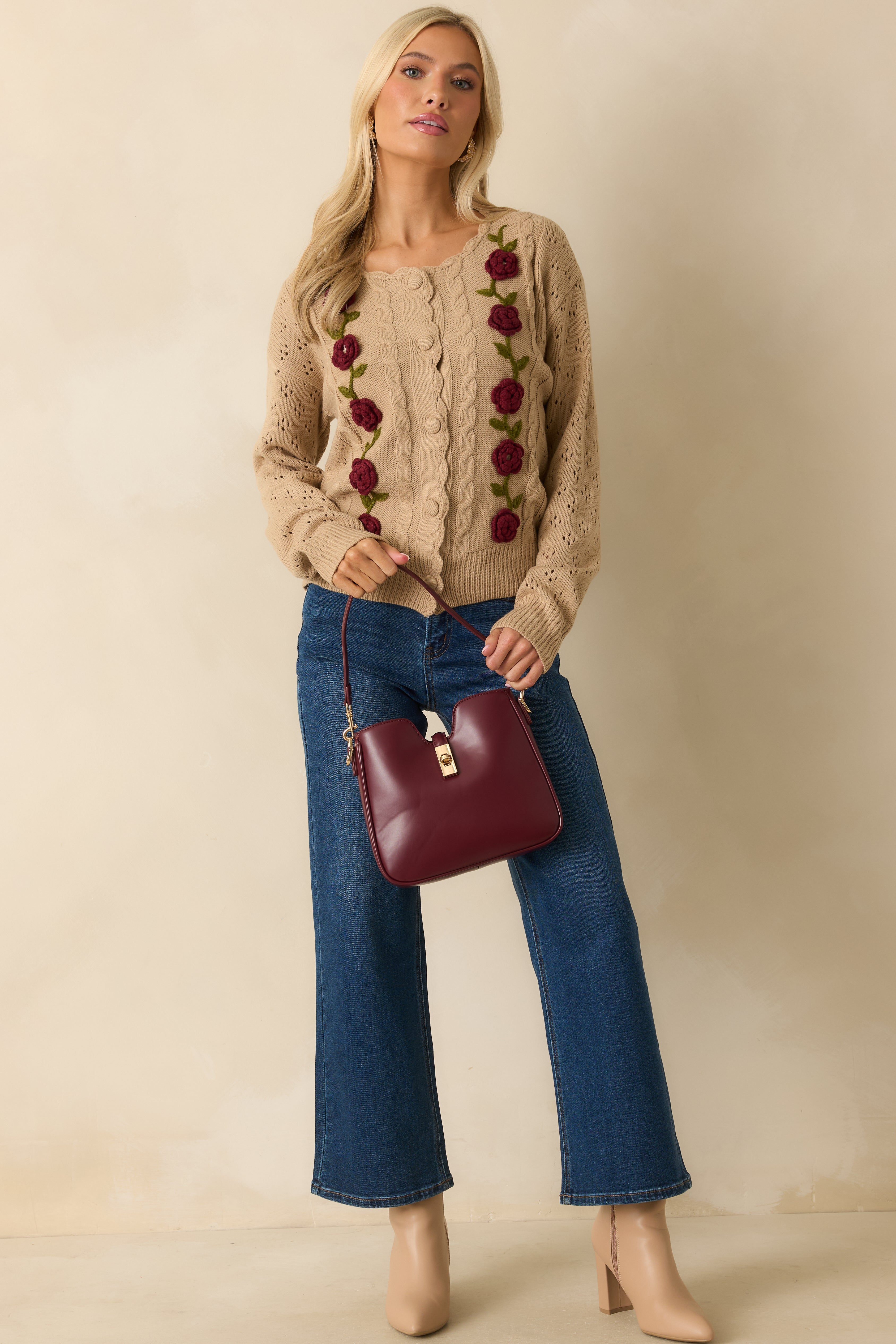 Garden Variety Taupe Floral Knit Button-Up Cardigan
