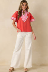 Creative Energy Poppy Red & Pink Cotton V-Neck Top