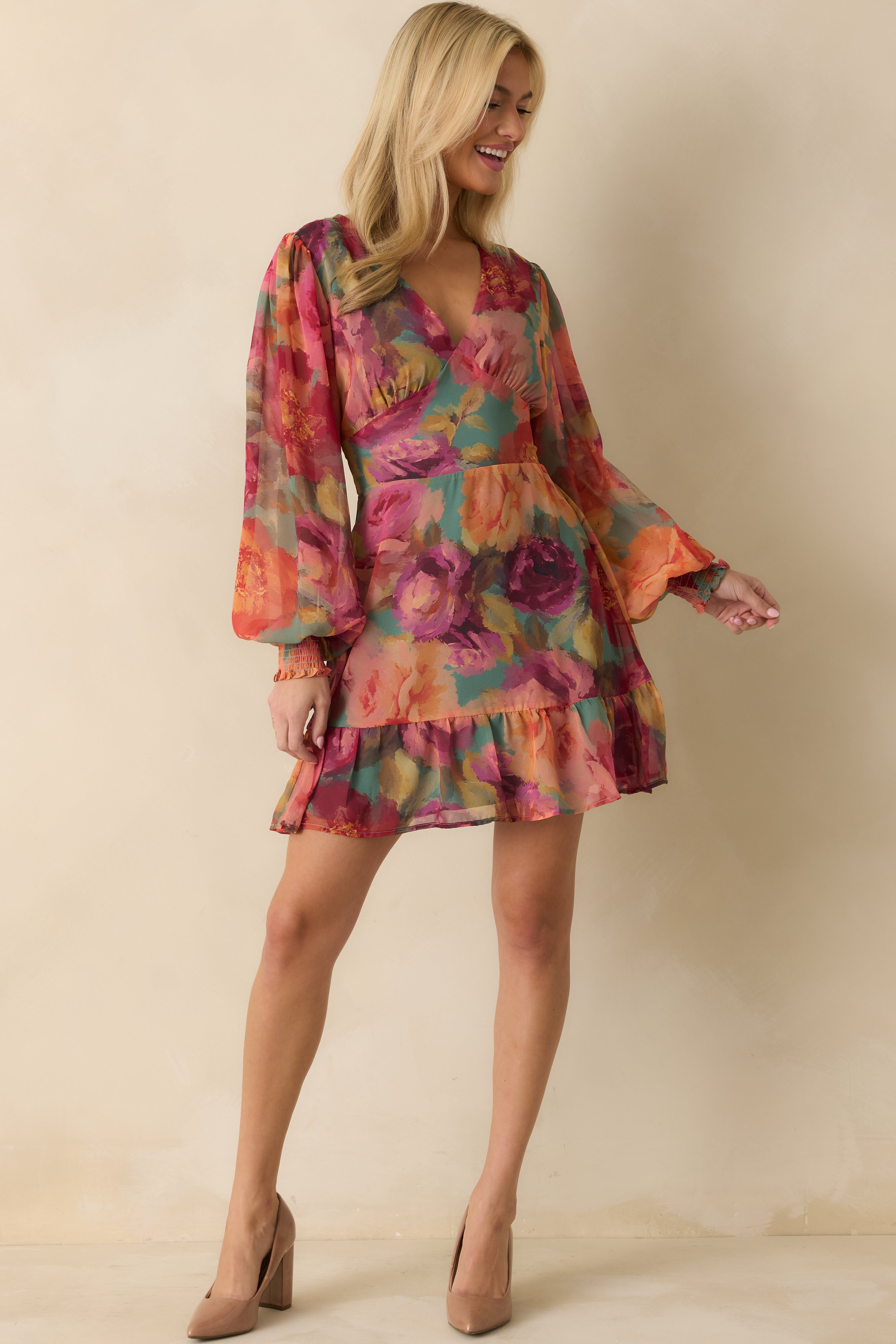 Petals in Motion Pink Multi Floral Print Chiffon Mini Dress