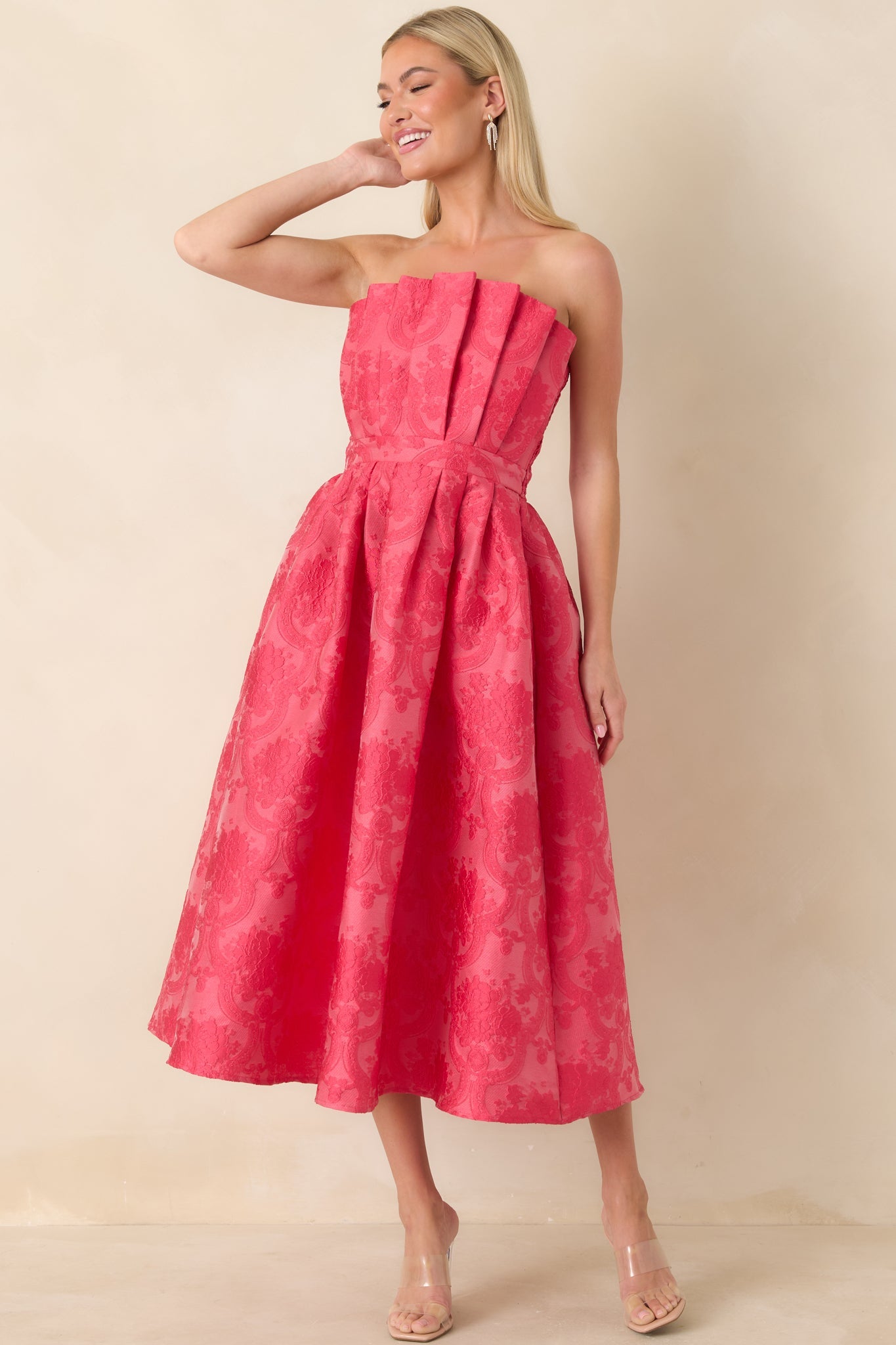The Genevieve Hot Pink Jacquard Strapless Midi Dress